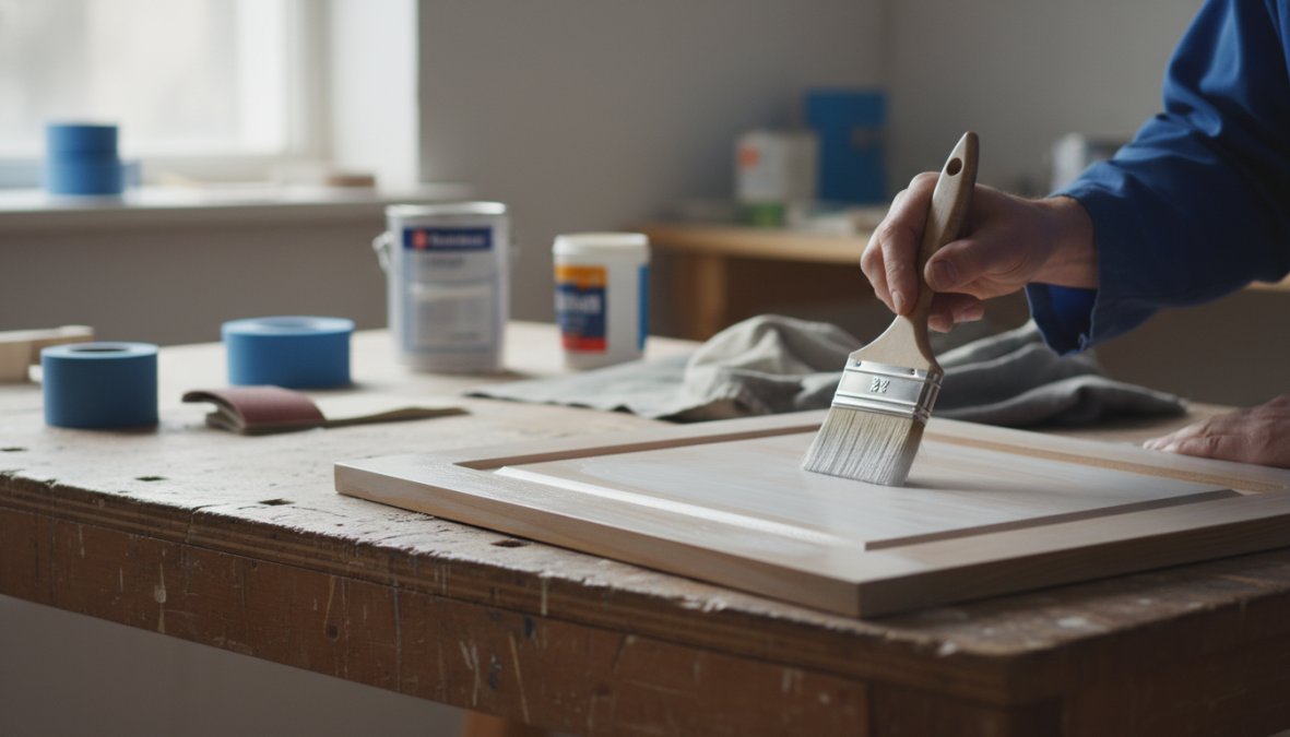 A professional painter in a workshop carefully applying primer to a flat cabinet door laid across sawhorses, with painter's tape, sandpaper blocks, and spray equipment visible on the workbench in the background