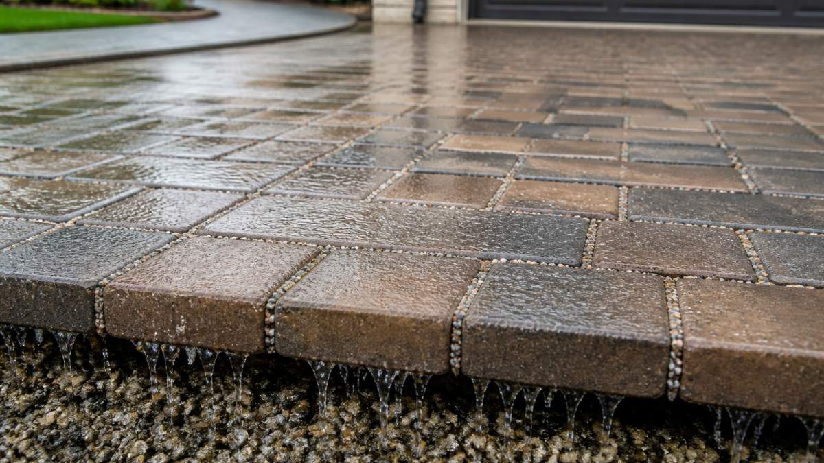 Pros and Cons of Permeable Paver Systems 2 Diagram showing how permeable paver systems allow water to infiltrate through joint aggregate on driveways.