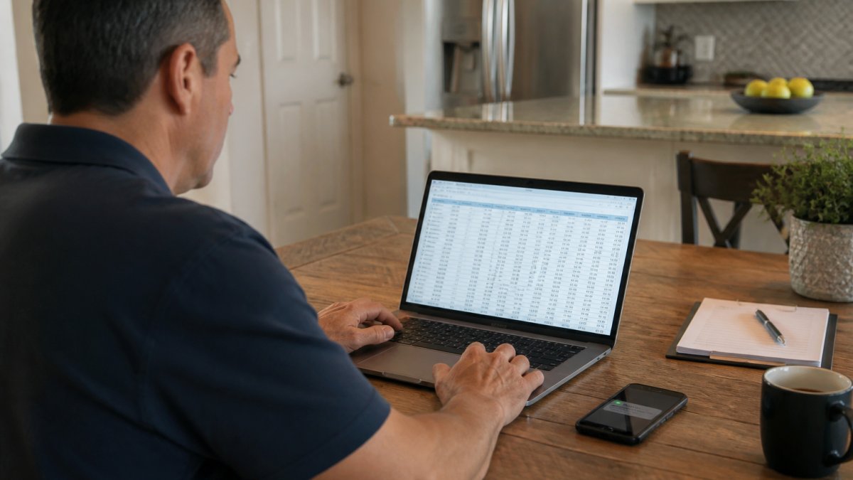 A landlord reviewing a rental income spreadsheet on a laptop at a kitchen table while a phone shows a tenant message notification