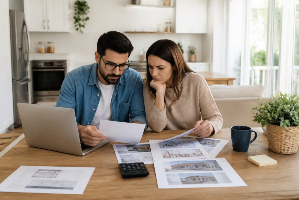 A young professional couple sitting at a kitchen table with a laptop, calculator, and printed housing cost breakdowns, looking at rental listings and mortgage estimates side by side in a bright apartment