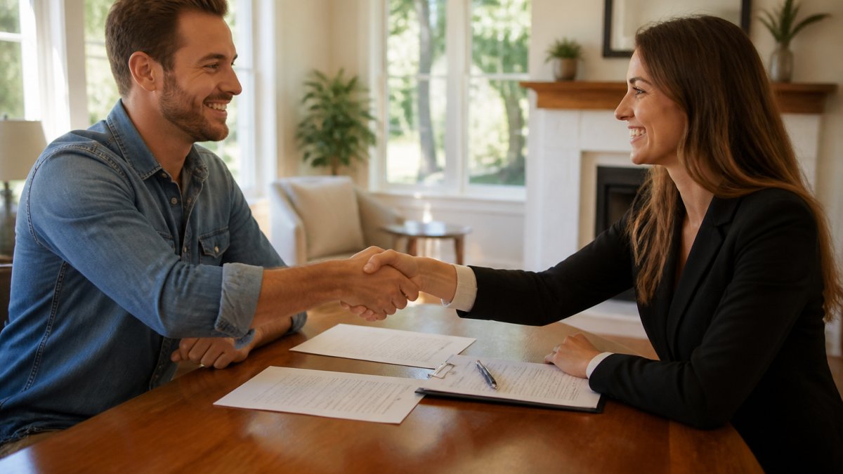 Professional homebuyer and seller shaking hands across a wooden table with signed documents and a pen visible, natural office lighting streaming through windows, representing a successful owner-financed transaction