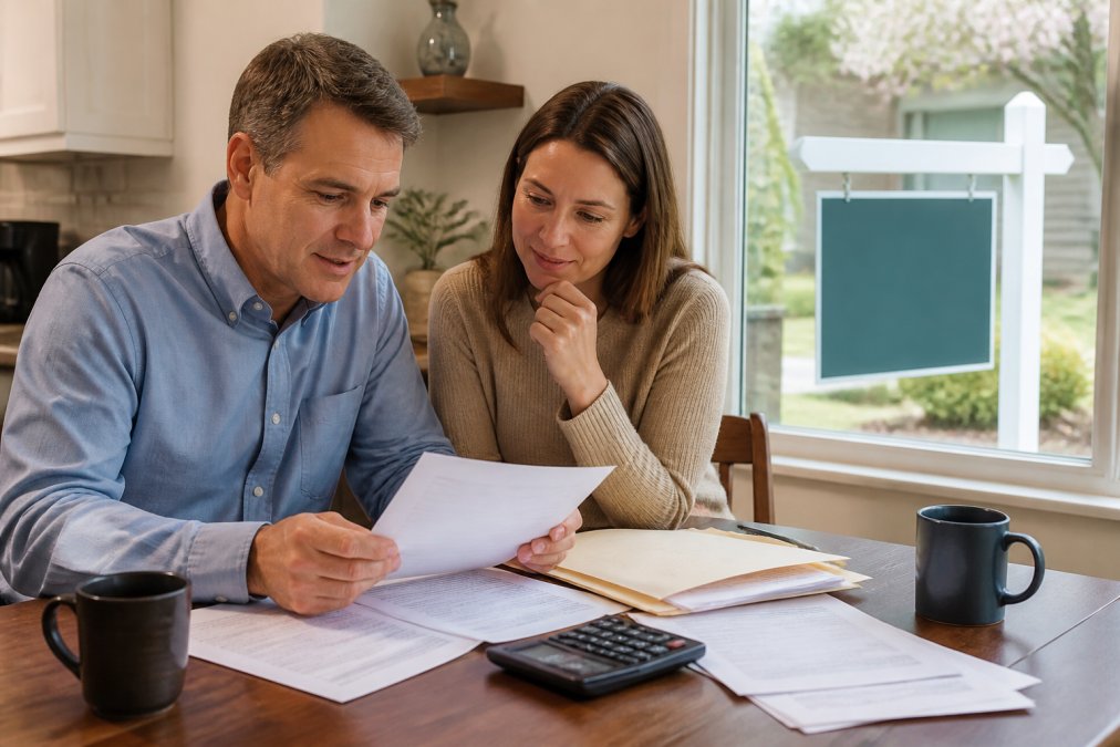 An executor and family member reviewing estate documents at a kitchen table with a for-sale sign visible through the window, showing focused concentration and relief