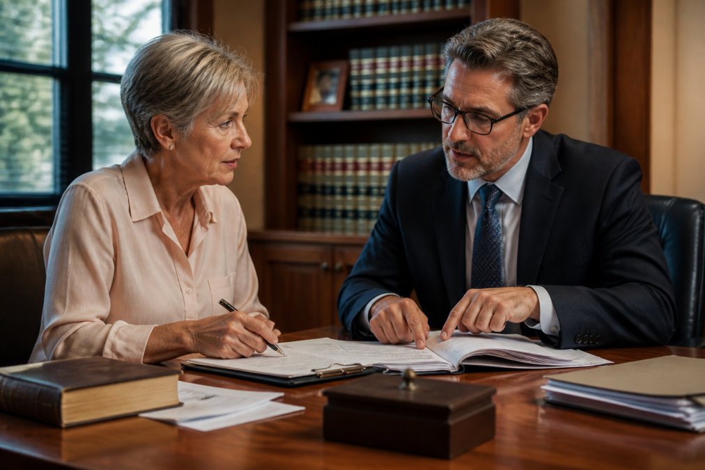 A probate attorney and executor meeting in a professional office, reviewing estate sale documents and discussing next steps with focused attention to detail