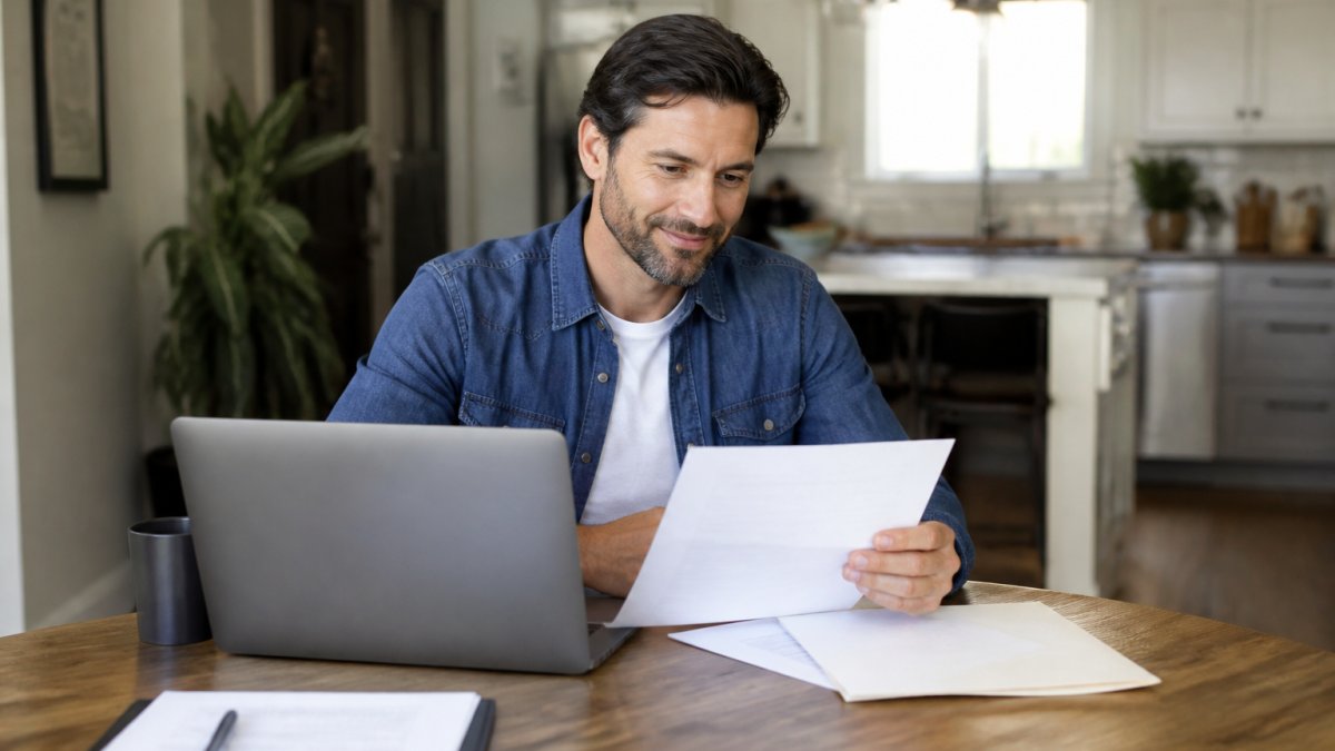 A homeowner sitting at a kitchen table with a laptop and paperwork, looking relaxed as they review an offer on their home