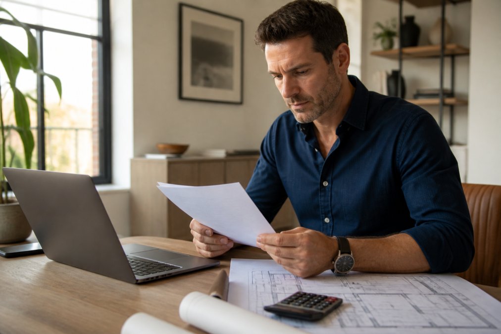 A real estate investor reviewing a bridge loan term sheet on a laptop in a modern home office, with blueprints and a calculator on the desk