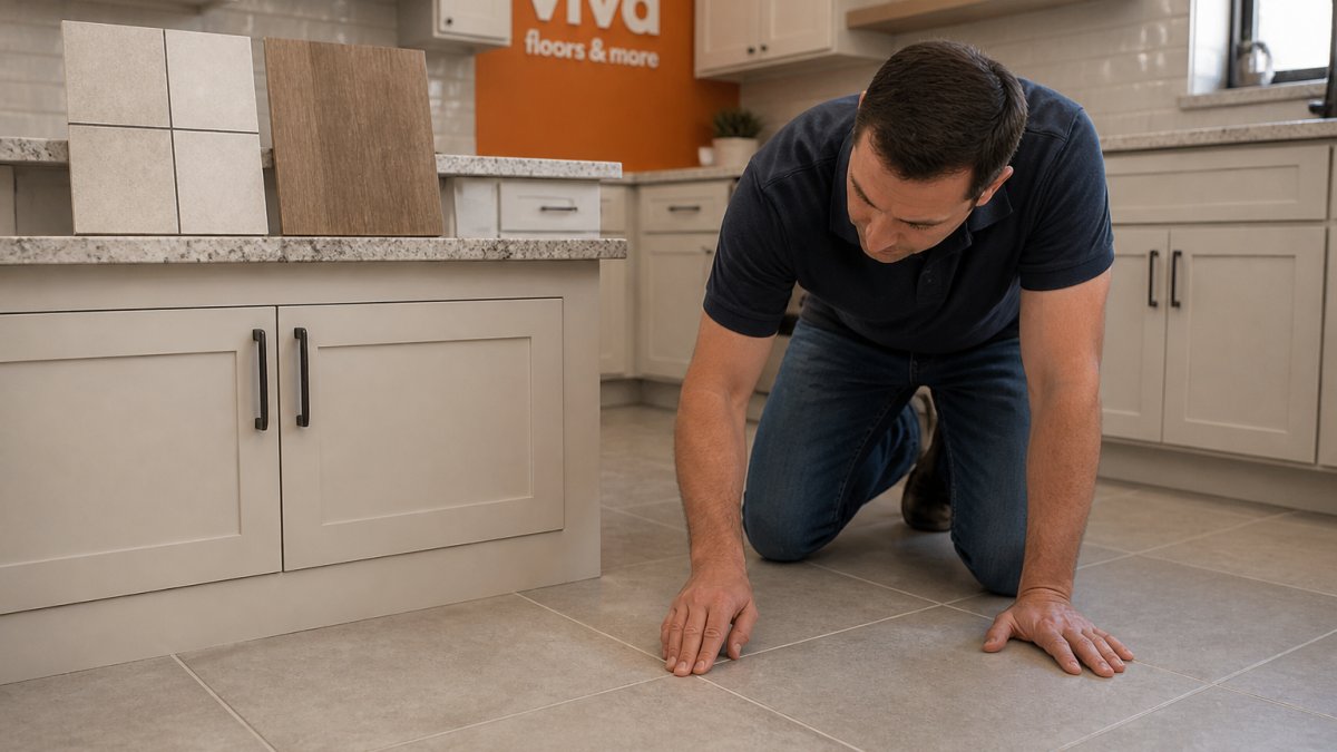 A homeowner kneeling on a tiled kitchen floor, running a hand across the grout line while comparing a ceramic tile sample against a vinyl plank sample on the countertop