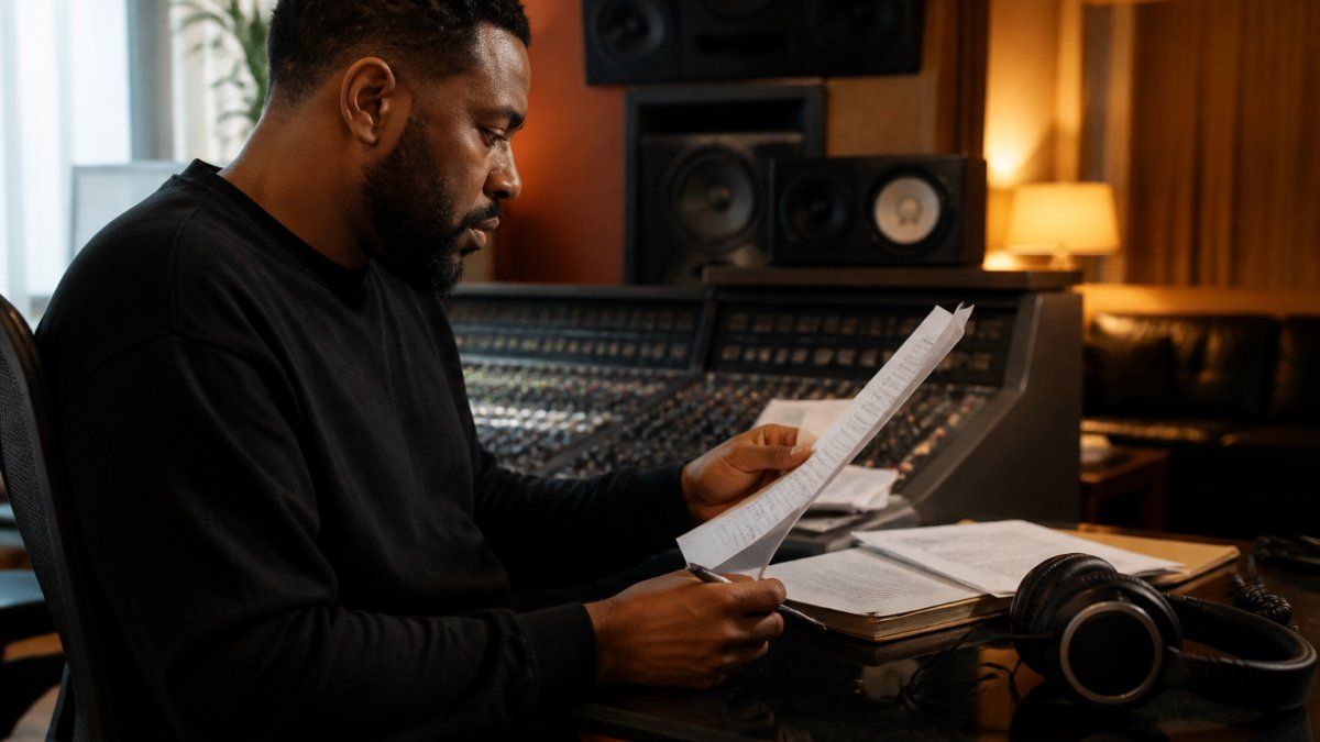Label manager reviewing royalty reports and release schedules for unlimited music distribution in a studio