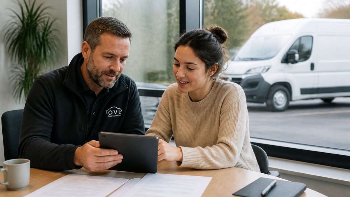 A fleet manager and a startup founder reviewing van leasing documents on a tablet in a bright modern office, a white van visible through the window