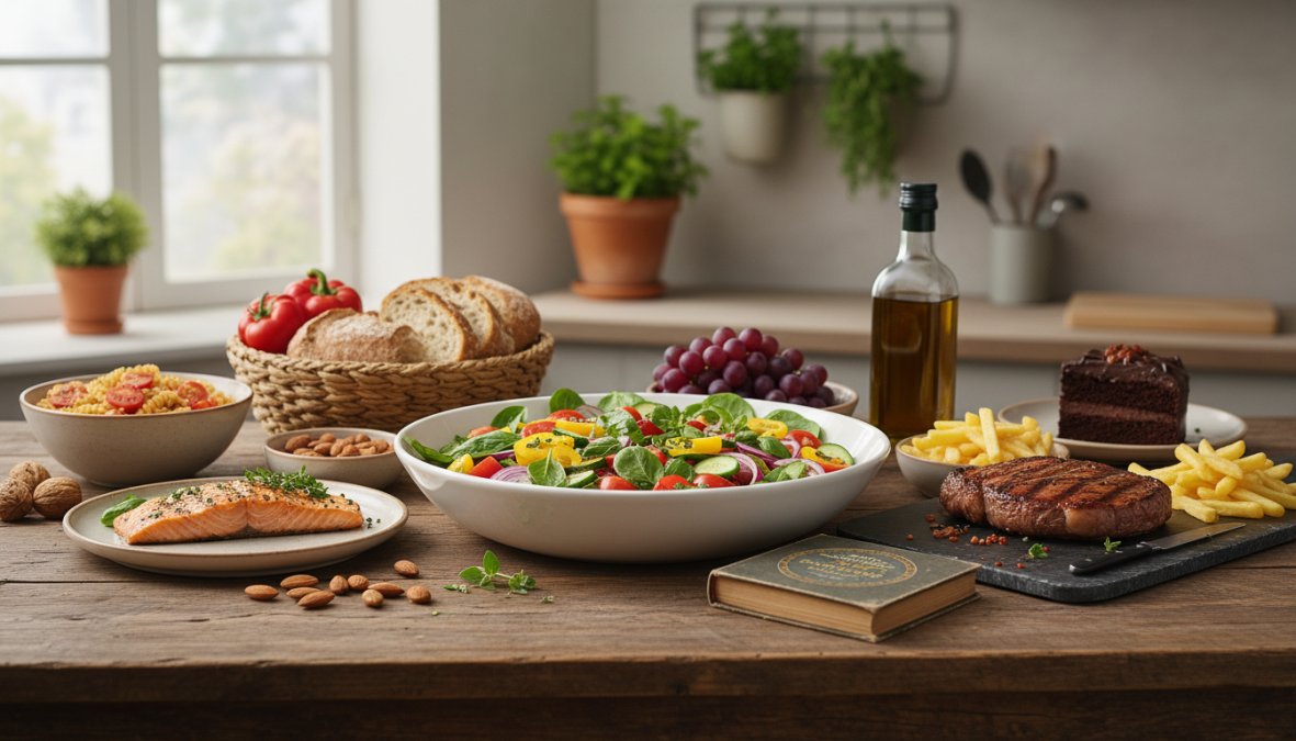 A man in his mid-40s preparing a colorful Mediterranean-style meal with fresh salmon, cherry tomatoes, olives, olive oil, and leafy greens spread across a bright modern kitchen counter, warm natural light coming through a window