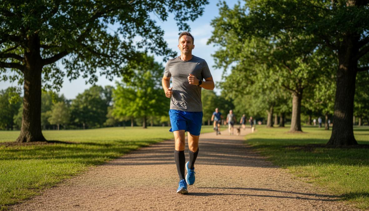 A fit man in his mid-40s jogging along a sunny park trail lined with trees, wearing athletic shorts and a moisture-wicking shirt, looking focused and energetic, warm morning light filtering through the canopy
