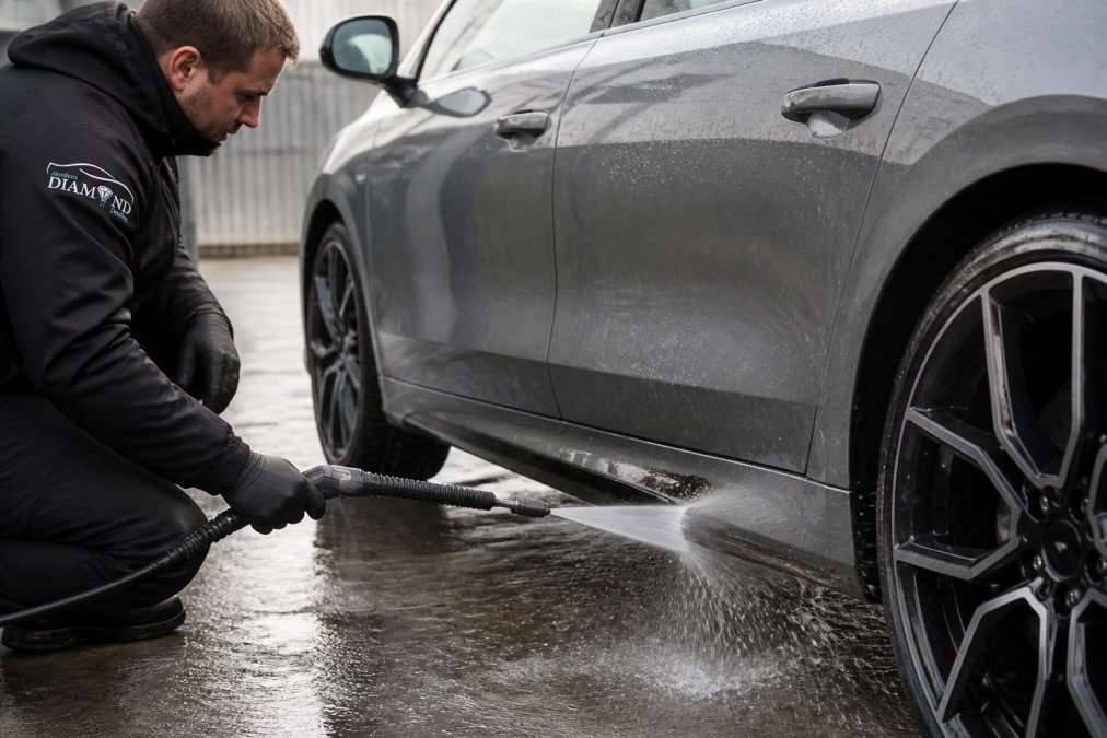 Professional detailer rinsing road salt and grit from a car's lower panel with pressurised water, showing water spray and wet paintwork in an outdoor detailing bay