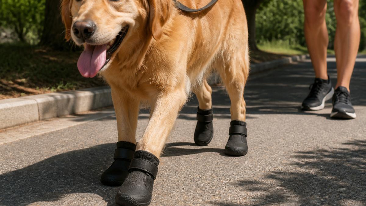 Infographic demonstrating the proper fit of protective dog booties for walking safely on hot pavement surfaces.