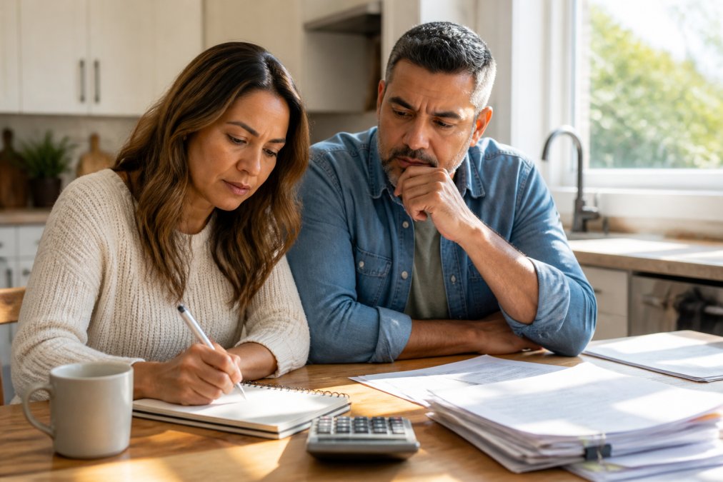 A couple in their forties sitting at a kitchen table with a notebook, calculator, and stack of bills, morning light through the window