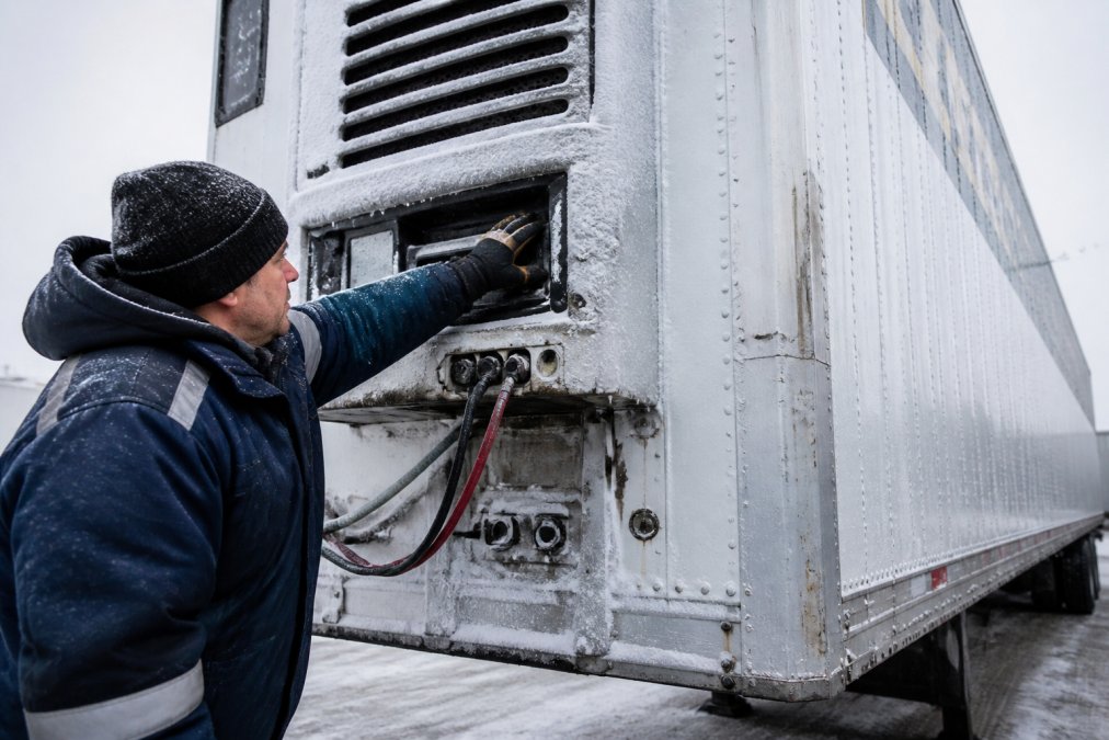 Professional driver performing pre-trip inspection of heated refrigerated trailer with visible frost on exterior, checking heating unit connections and insulation seals in winter conditions