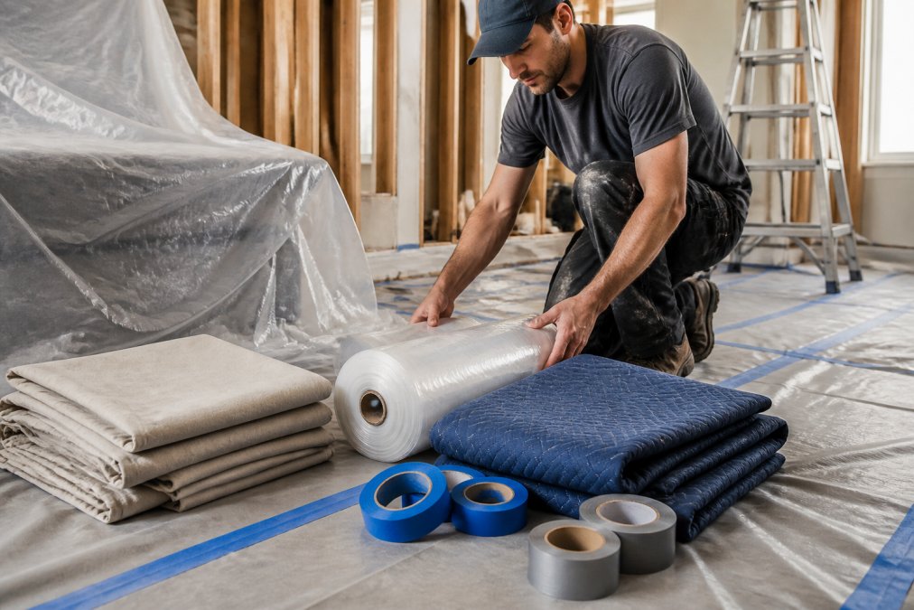 Contractor organizing plastic sheeting and pads to protect furniture during remodeling tasks.