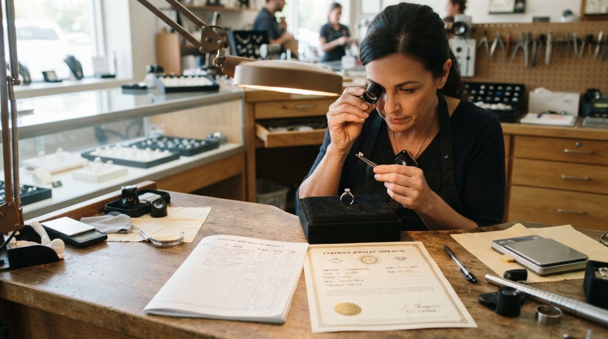 Jeweler examining a diamond ring under magnification with professional lighting in a jewelry shop, appraisal documents and gemological tools visible on the counter