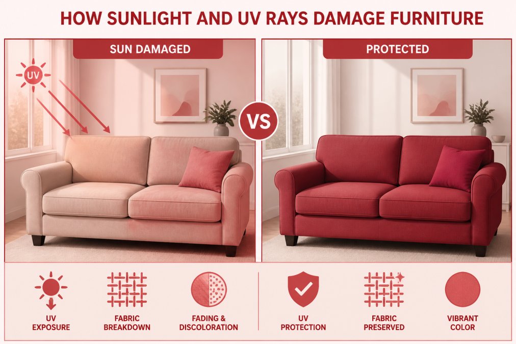 Infographic comparing a faded sofa to one preserved to protect furniture from sun damage in a living room.