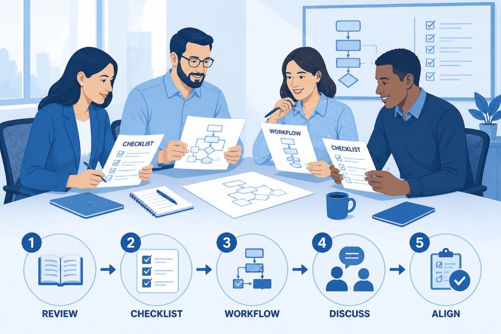 Workflow diagram showing steps for managers to achieve HR consistency through team training and checklists.