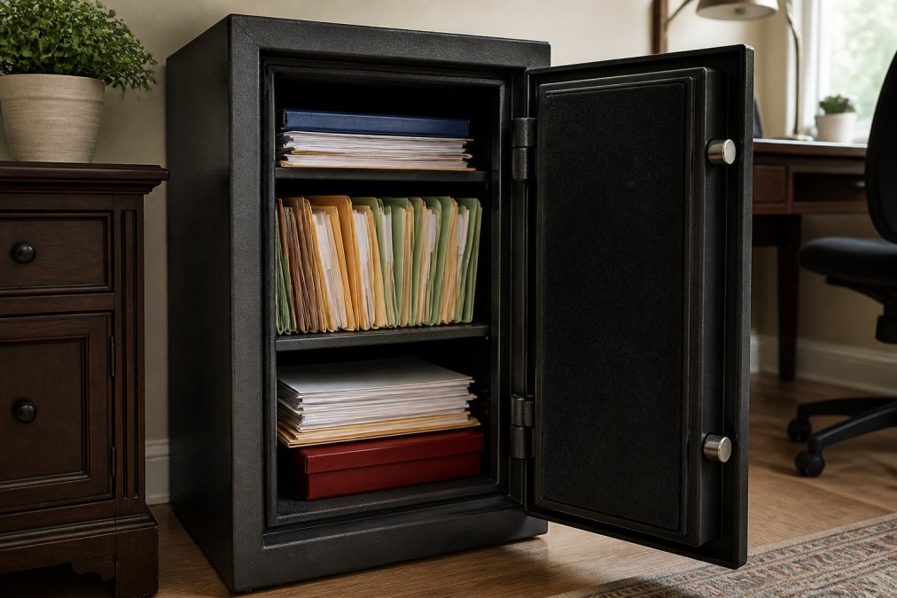 Open fireproof document safe showing organized file folders, documents, and records neatly arranged inside, with a home office environment visible in the background
