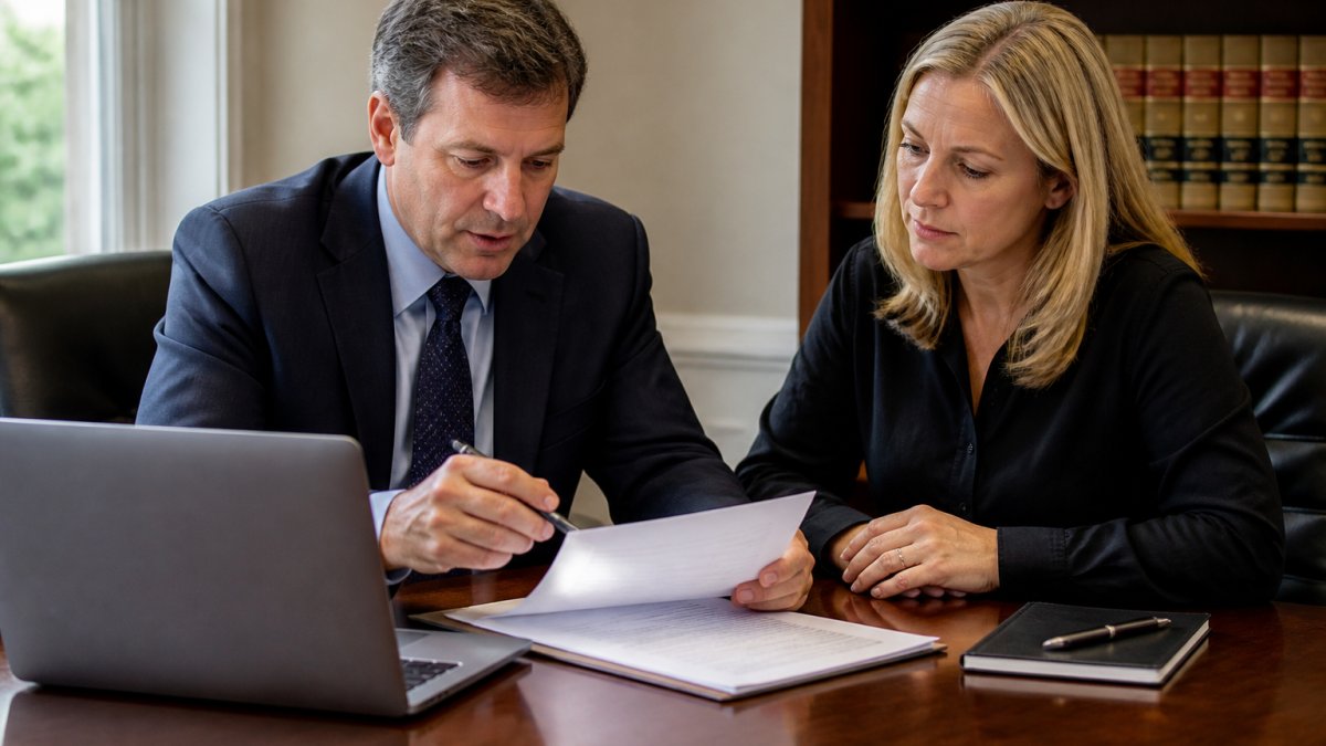 Attorney and client reviewing legal documents for inherited retirement accounts at a wooden desk in an office