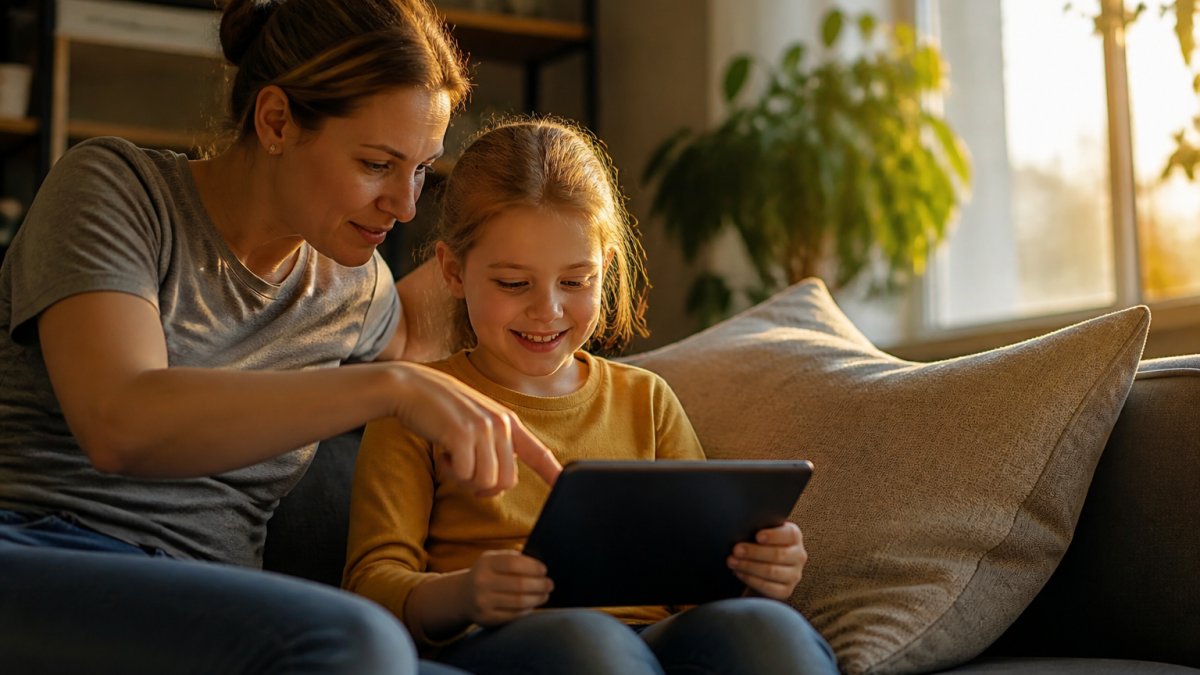 A parent and young child sitting on a couch looking at a tablet together, the parent pointing at the screen while the child smiles, warm afternoon light through a living room window