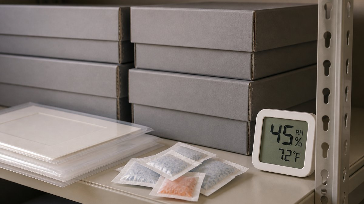 Archival storage boxes with acid-free sleeves and a digital hygrometer to protect paper records humidity.