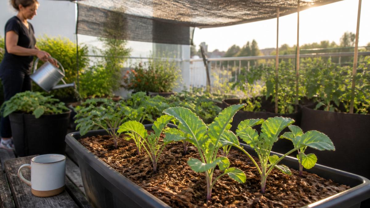 Vegetable seedlings in containers mulched and shaded by cloth under morning sunlight