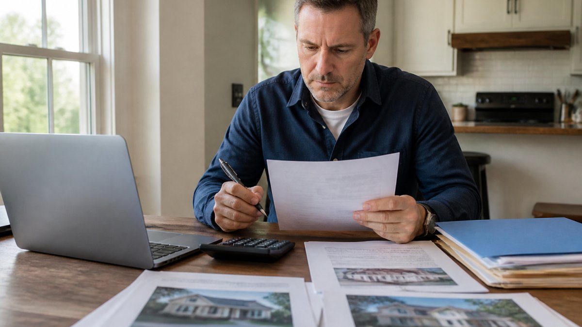 Real estate investor reviewing LLC formation documents at a desk with laptop, calculator, and property files visible, natural office lighting