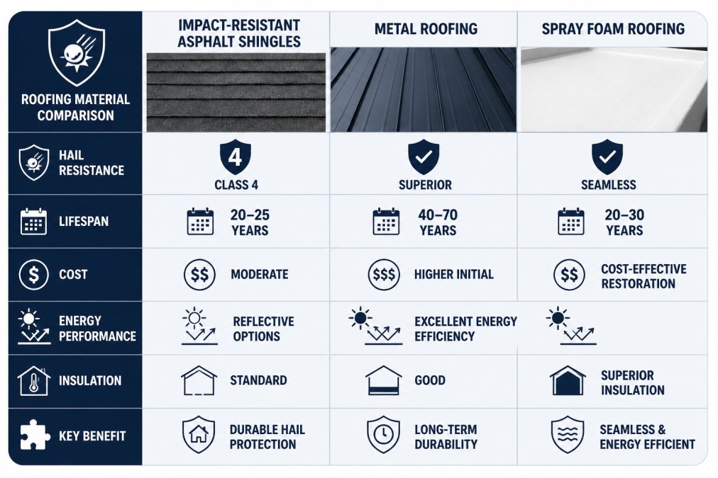 Comparison matrix of roofing materials showing Impact-Resistant Asphalt Shingles (Class 4 rating, 20-25 year lifespan, moderate cost, reflective options available), Metal Roofing (superior hail resistance, 40-70 year lifespan, higher initial cost, excellent energy efficiency), and Spray Foam Roofing (seamless protection, 20-30 year lifespan, cost-effective restoration, superior insulation)