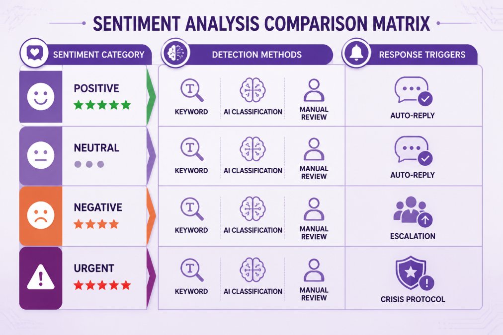 Sentiment analysis comparison matrix showing sentiment categories (positive, neutral, negative, urgent), detection methods (keyword matching, AI classification, manual review), and response triggers (auto-reply, escalation to senior team, crisis protocol)