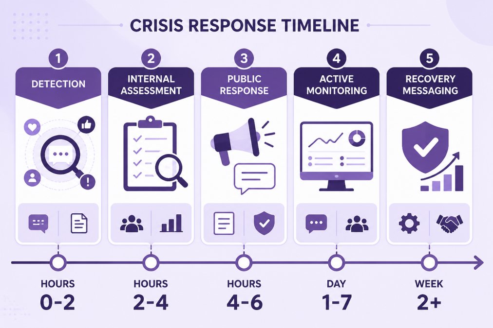 Crisis response timeline showing five stages: detection (hours 0-2, monitoring social channels and internal reports), internal assessment (hours 2-4, gathering facts and determining severity), public response (hours 4-6, initial statement and holding position), active monitoring (day 1-7, tracking sentiment and customer questions), recovery messaging (week 2+, demonstrating corrective action and rebuilding trust)