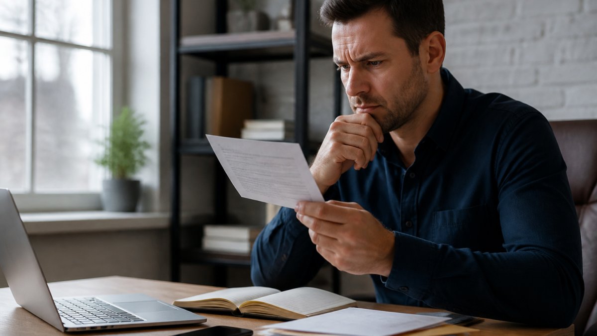 Trader at desk reviewing suspicious trading alerts and emails on computer screen with skeptical expression, natural office lighting
