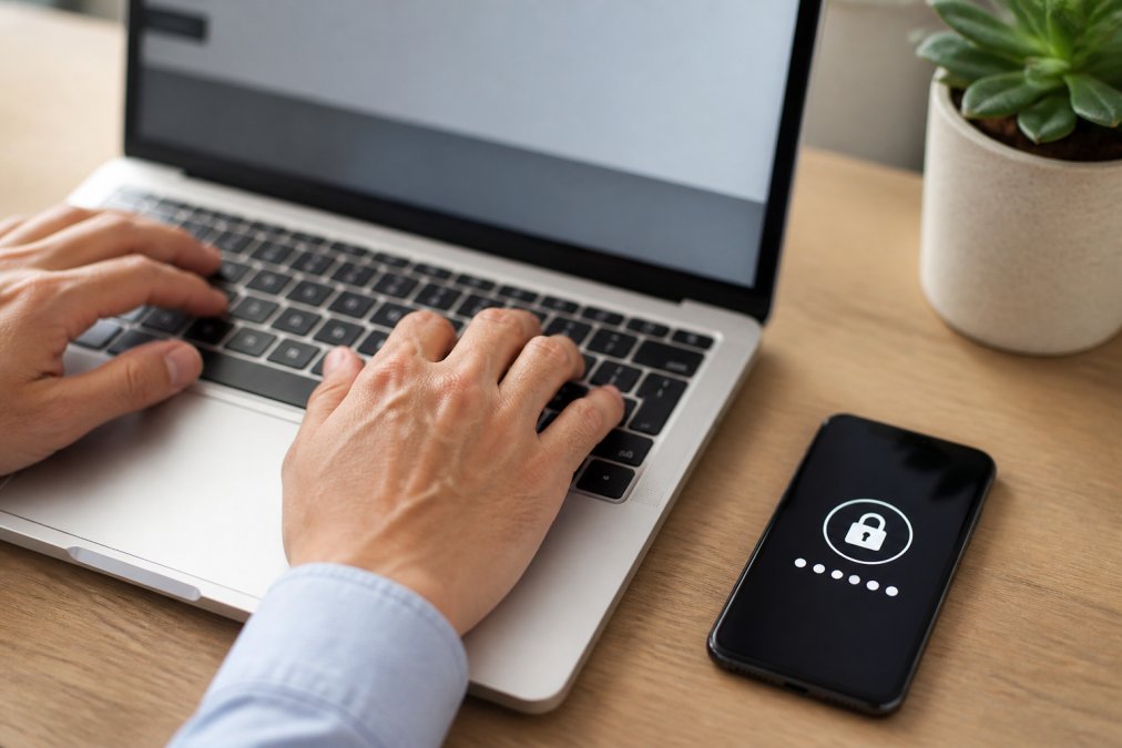 Person's hands typing a strong password on a laptop keyboard, with a smartphone showing a two-factor authentication code nearby on a desk