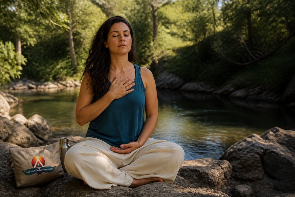 Protect Your Energy From Negative People 1 Woman sitting outdoors in a peaceful natural setting, eyes closed, with one hand on her heart and the other resting on her lap, appearing calm and centred