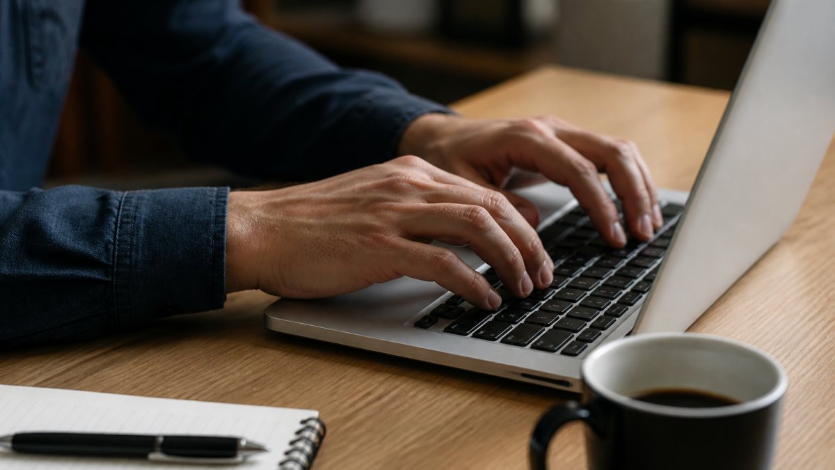 Close-up of hands typing a strong password on a laptop keyboard, with a cup of coffee and notepad visible on the desk