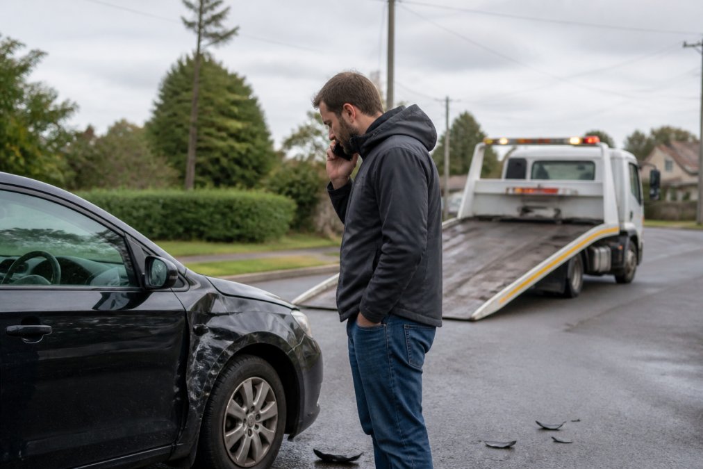 A driver standing beside a damaged car on a suburban road, holding a phone and looking at the vehicle, with a tow truck approaching in the background under overcast daylight