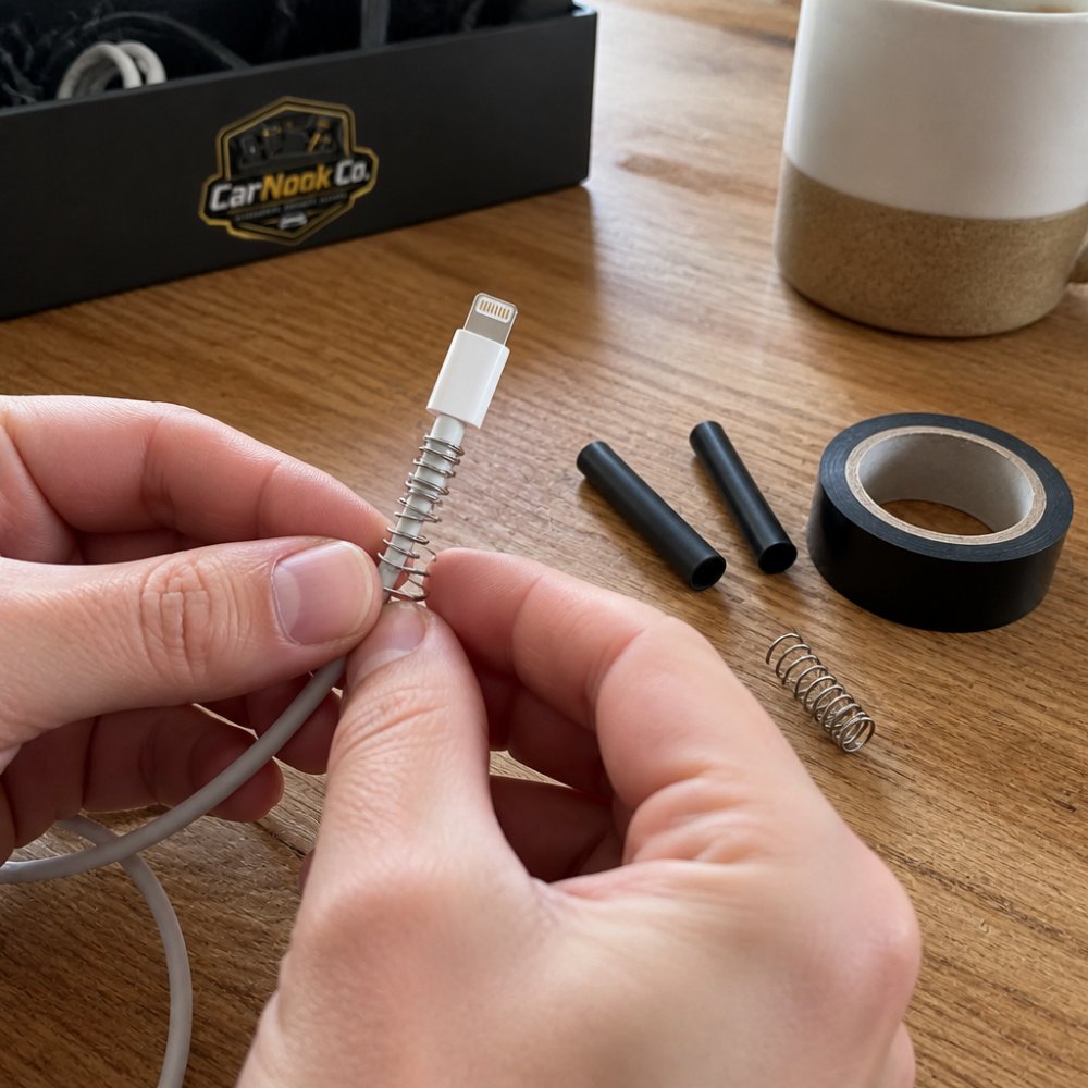 Close-up of hands wrapping a small metal spring around the connector end of a white charging cable on a wooden desk, with heat-shrink tubing and electrical tape nearby