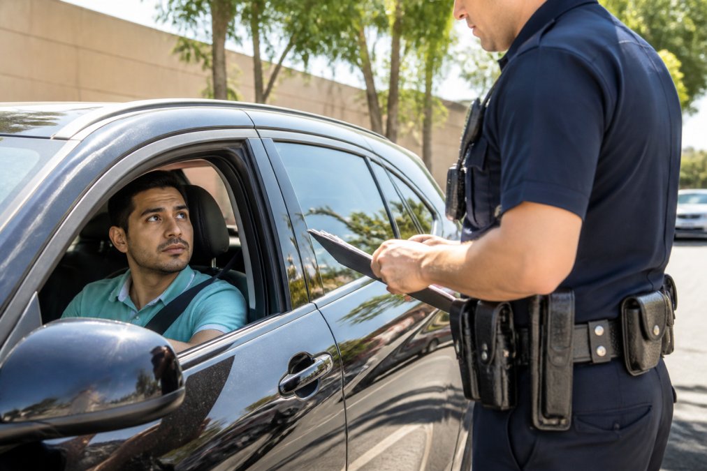 Person sitting in driver's seat of car during traffic stop, police officer standing at driver's window with clipboard, daylight streaming through windows, calm and composed interaction