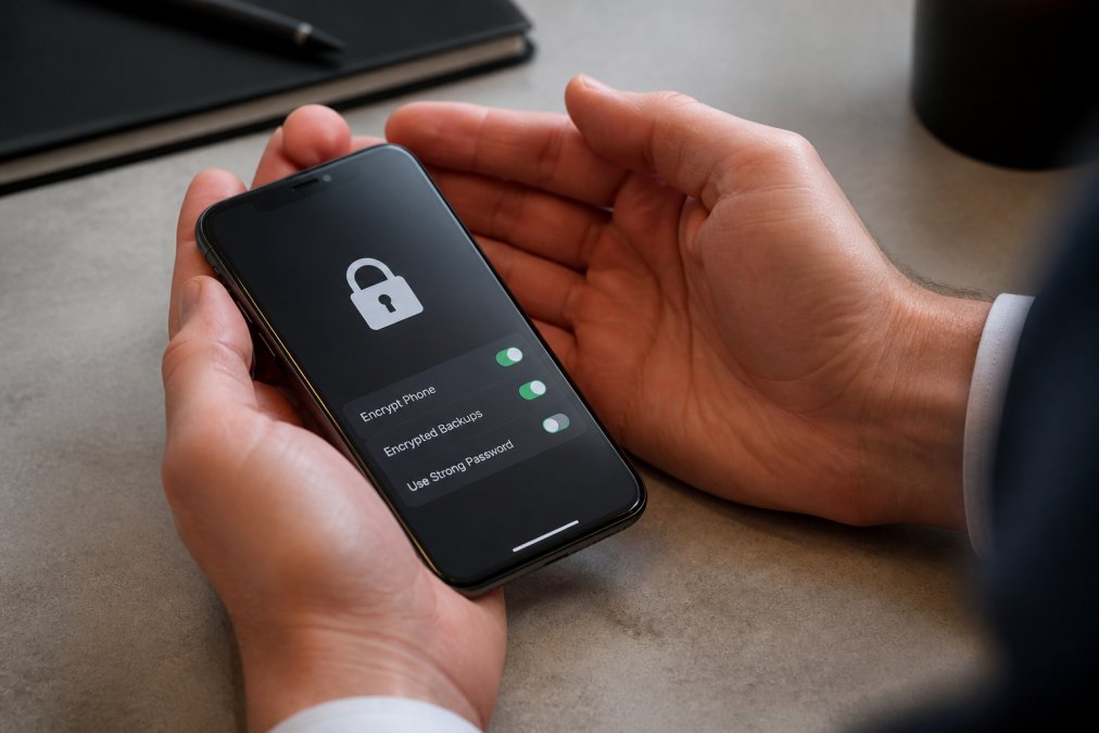 Close-up of smartphone screen showing lock icon and encryption settings, hands cupped protectively around device, modern minimalist background