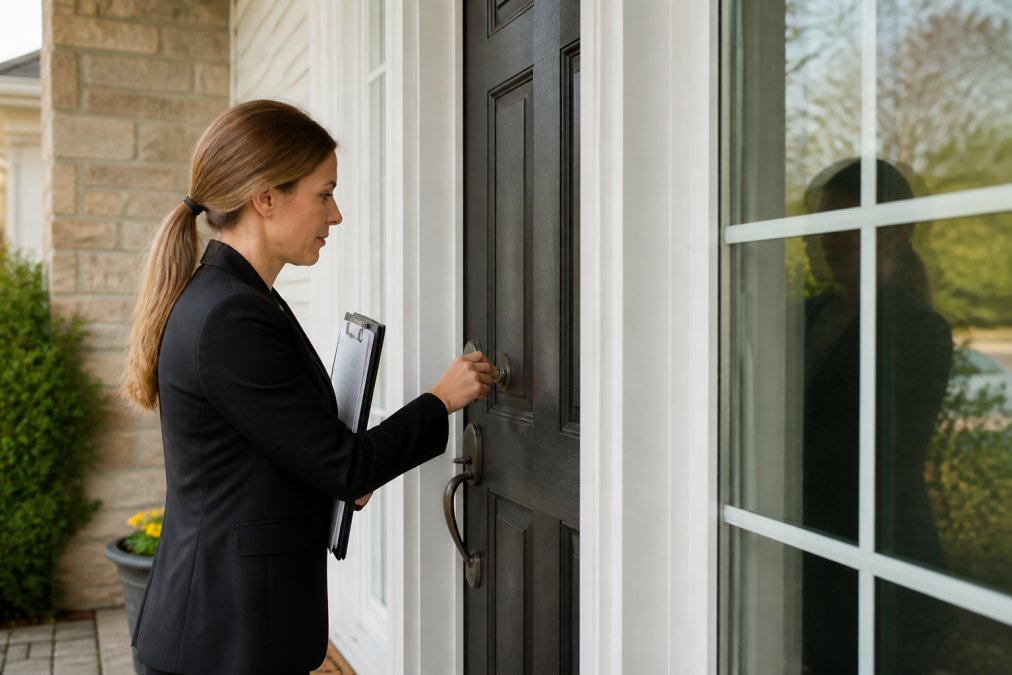 Real estate agent conducting a thorough perimeter check of a residential property entrance, examining door locks and window security in morning daylight