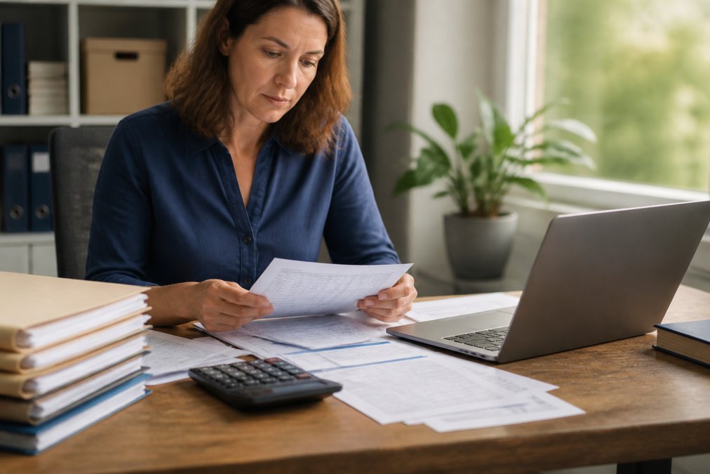 Person reviewing financial documents and bank statements at a desk with a laptop, calculator, and organized file folders in natural office lighting