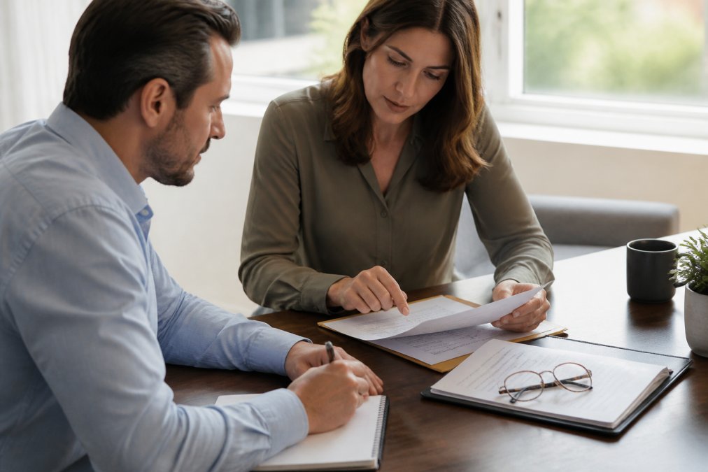 Professional consultation scene with two people reviewing financial planning documents and notes at a table with natural lighting