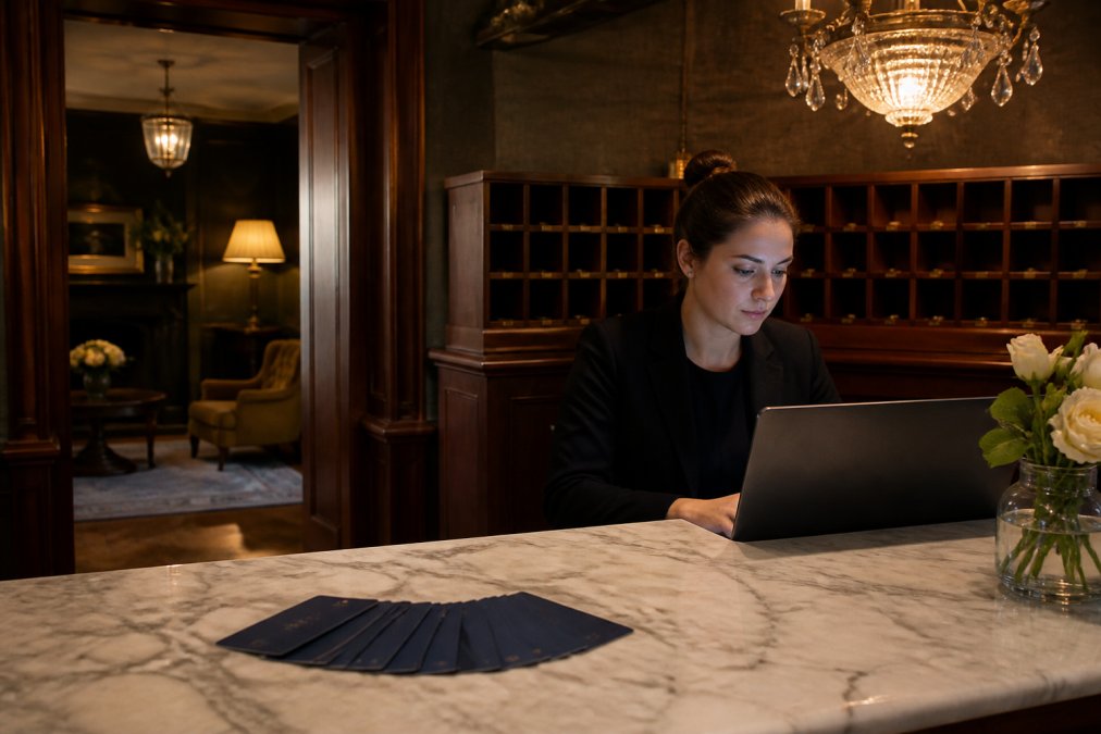 A boutique hotel front desk with a staff member working on a laptop, key cards fanned out on the marble counter, warm amber lighting from a small chandelier overhead