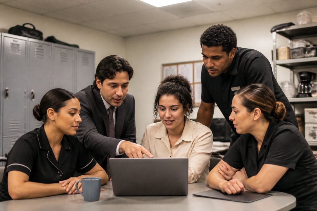 A small group of hotel employees gathered around a laptop in a back-office break room, one person pointing at the screen during what appears to be a training session, fluorescent overhead lighting, casual but attentive posture