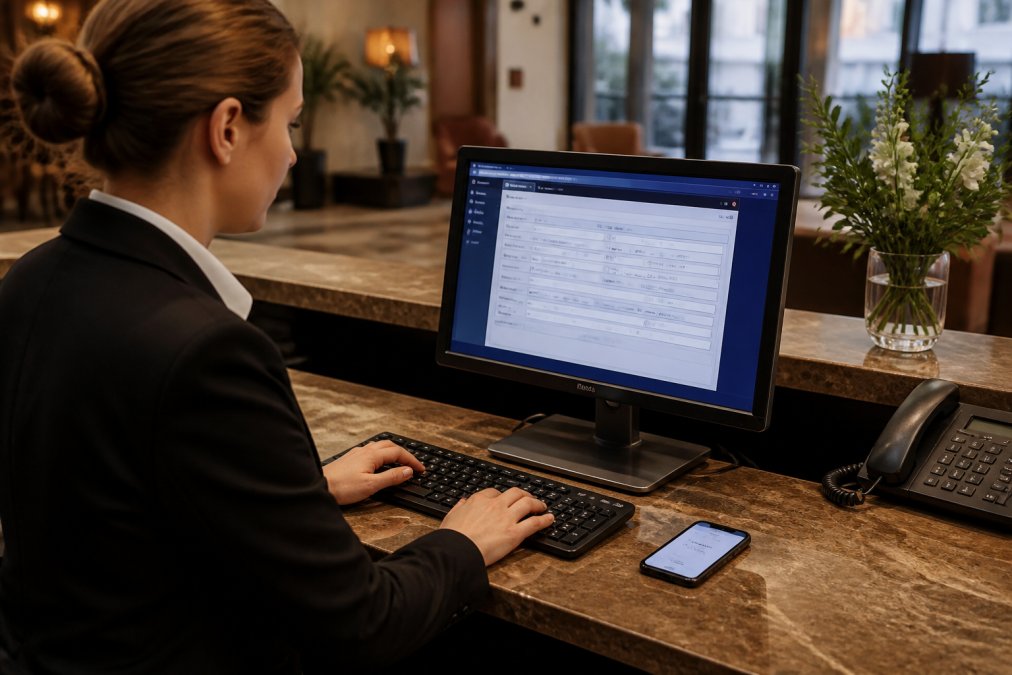 A hotel front desk manager logging into a property management system on a desktop computer, with a smartphone beside the keyboard displaying a two-factor authentication code prompt