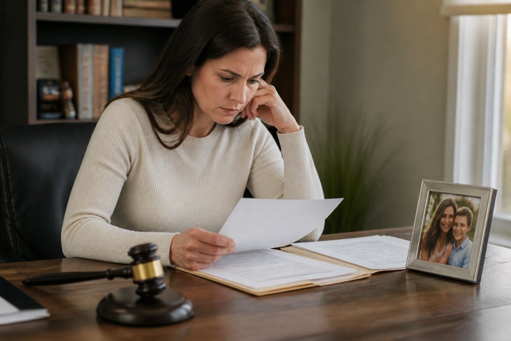 Concerned parent reviewing legal documents and a gavel at a desk during a child custody case