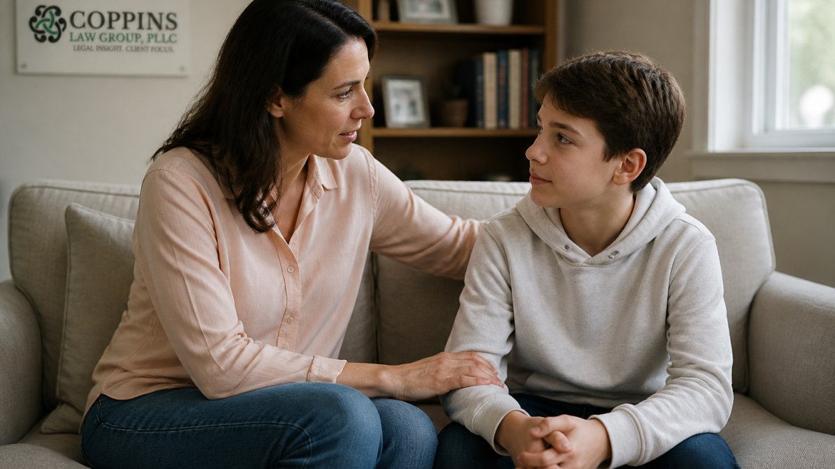 Parent and child sitting together on a couch in a calm living room with soft natural light, having a quiet conversation while the child looks reassured and the parent shows attentive, supportive body language