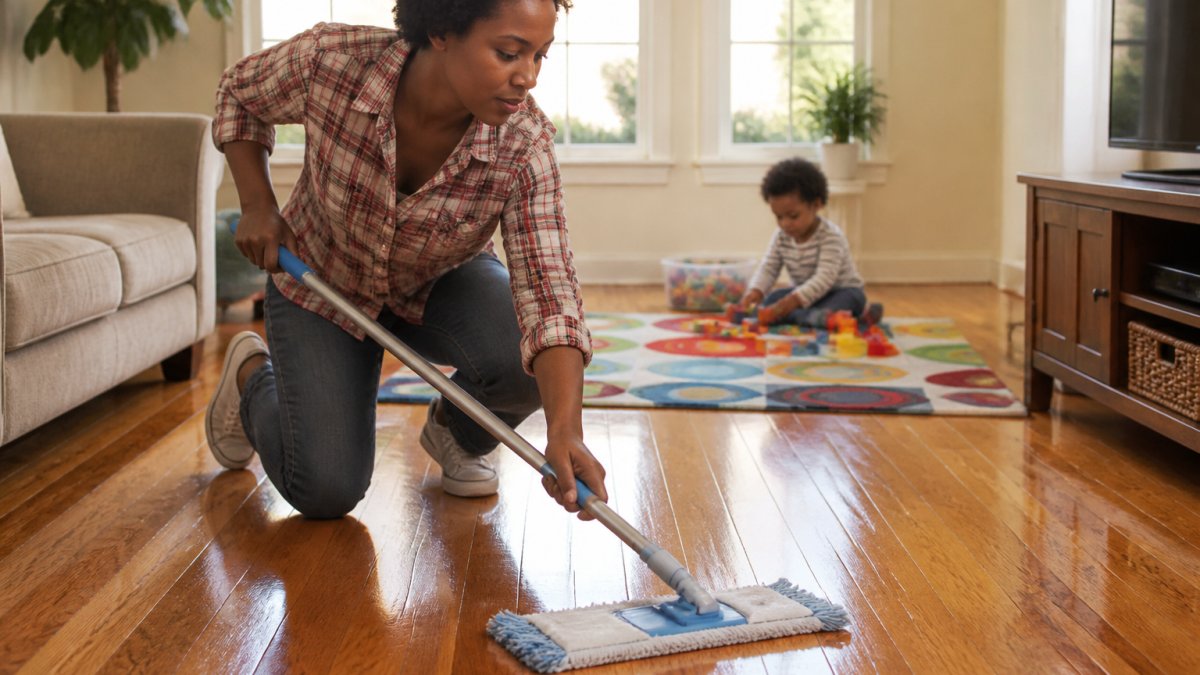 Parent wet-mopping hardwood floors in a bright living room while a young child plays safely in the background on a colorful play rug
