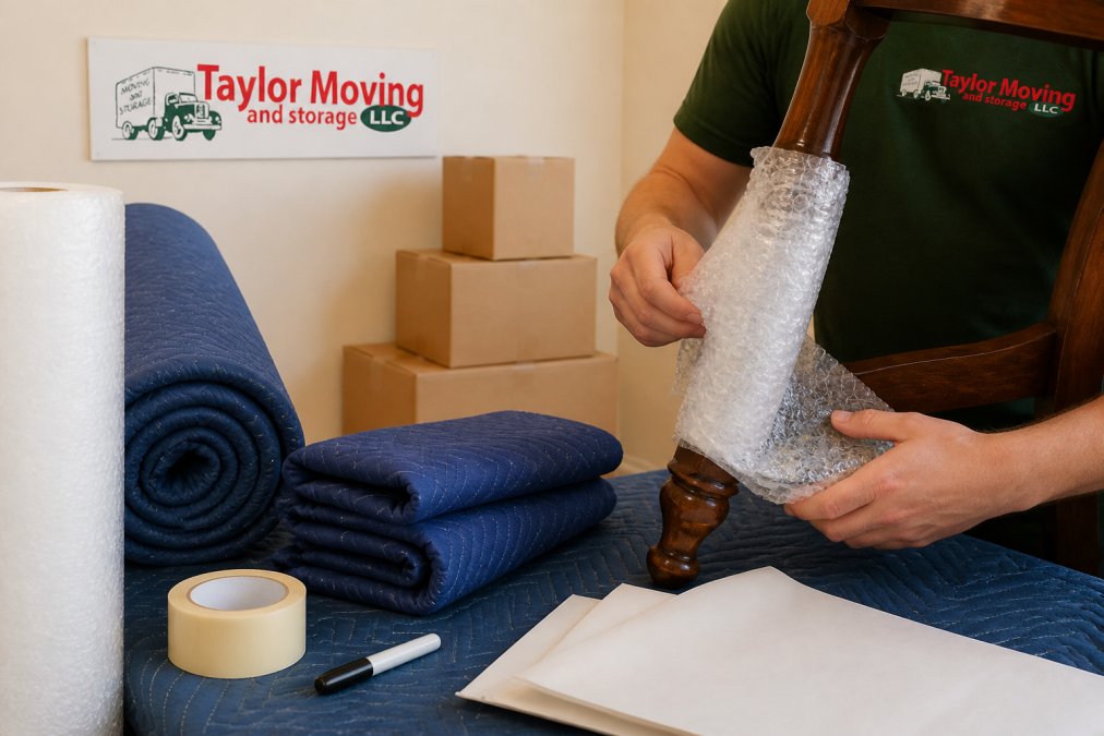 Professional movers carefully wrapping wooden chair leg with multiple layers of bubble wrap and moving blankets, hands demonstrating proper layering technique in bright studio setting