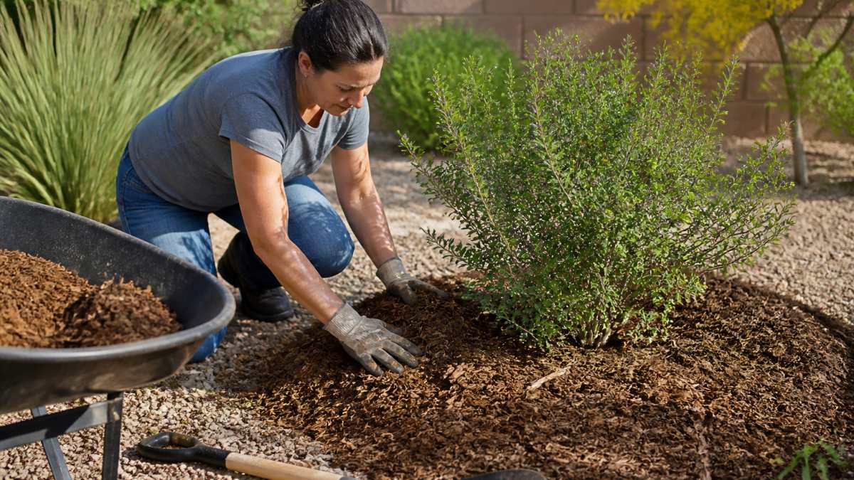 A homeowner in Arizona spreading a 3-inch layer of organic mulch around the base of a desert shrub, with a wheelbarrow and shovel nearby in a sunlit backyard
